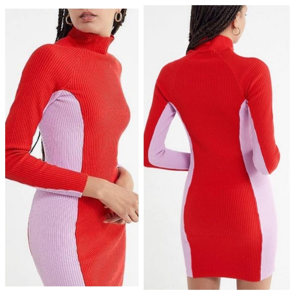 Urban Outfitters | Colorblock Ribbed Knit Mock Neck Bodycon Dress | Medium
